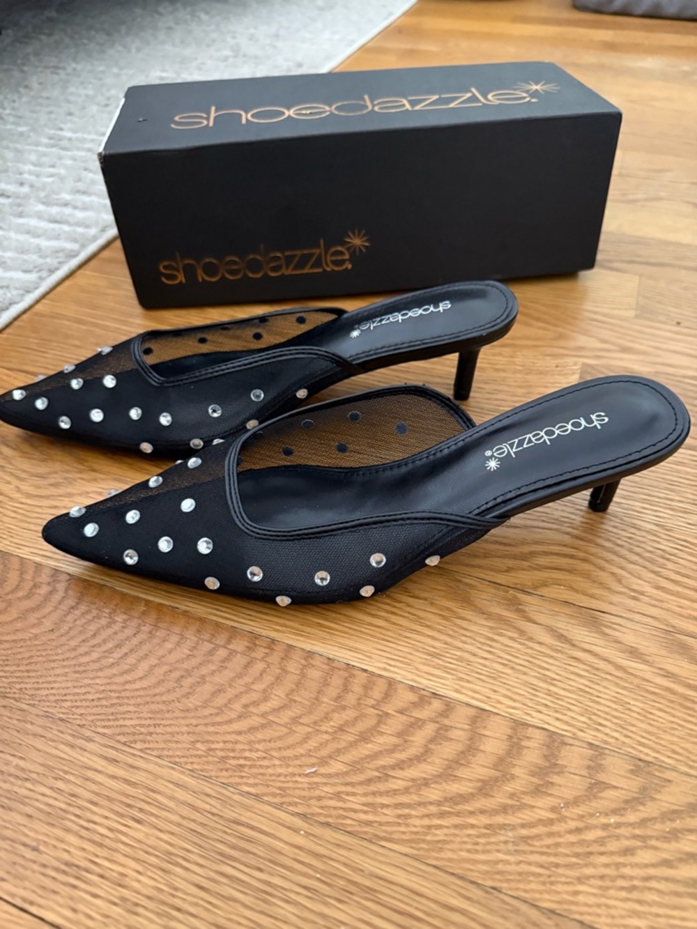 Black Studded Pointed-Toe Mesh Kitten Heels